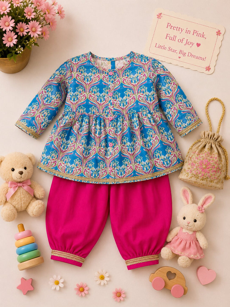 Pspeaches Baby Girl Blue & Magenta Ethnic Floral Print Cotton A-Line Kurta With Pant