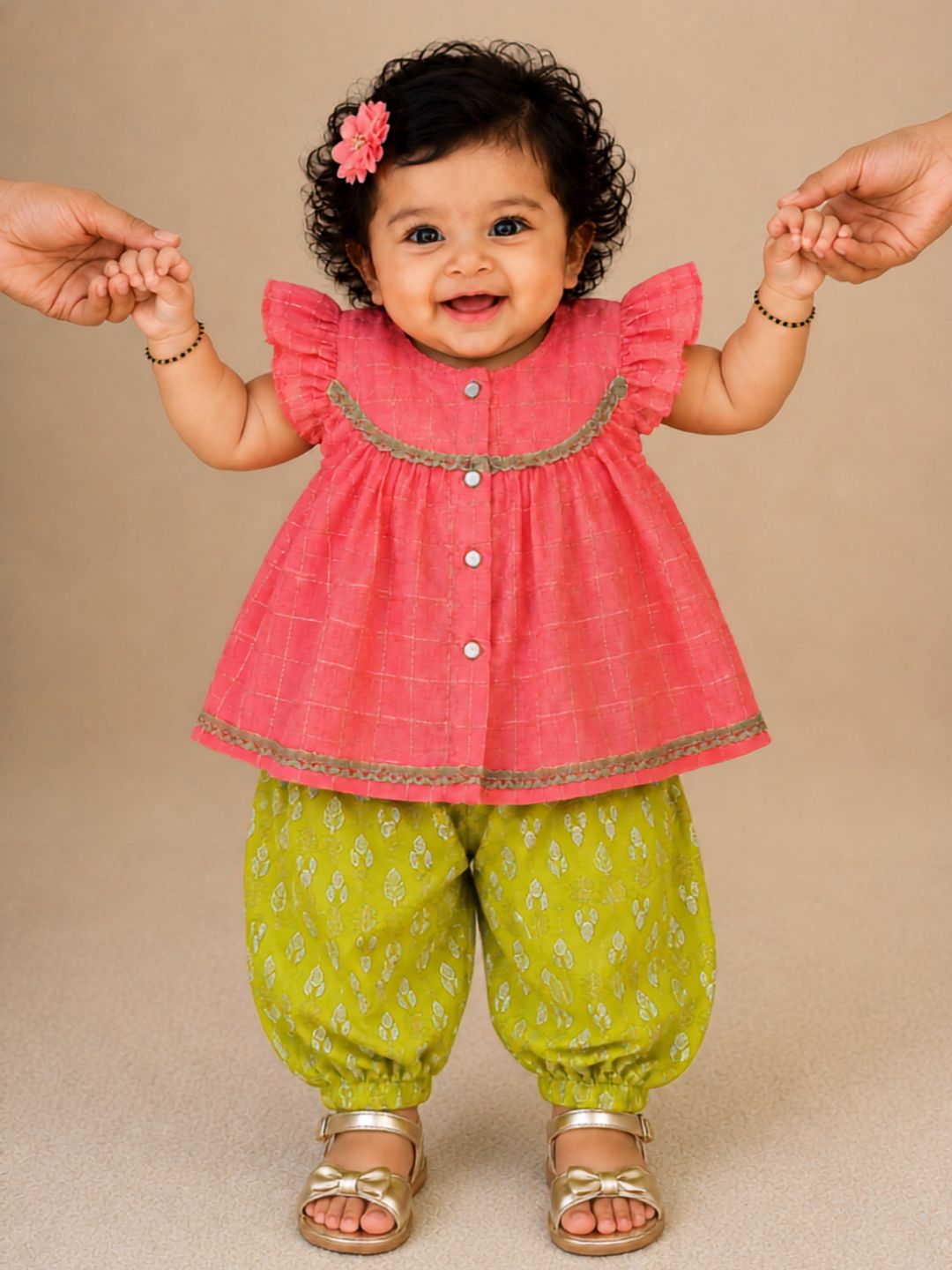 Pspeaches Baby Girl Peach Ethnic Stripe Lurex Chanderi A-Line Kurta With Pant Set