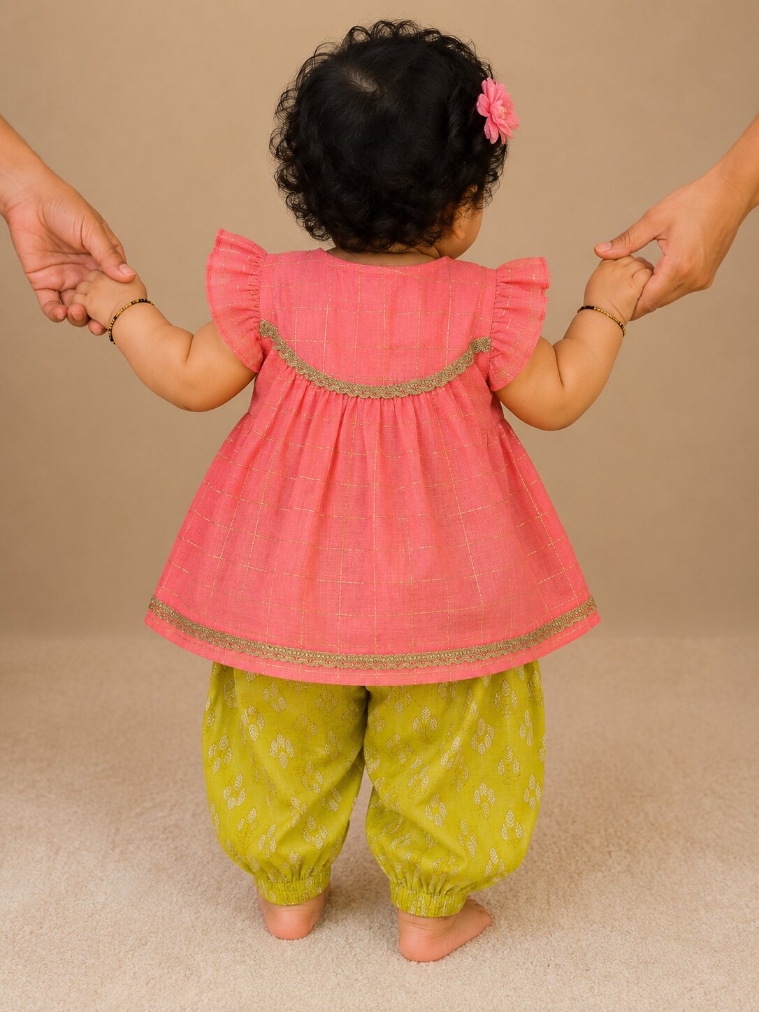 Pspeaches Baby Girl Peach Ethnic Stripe Lurex Chanderi A-Line Kurta With Pant Set