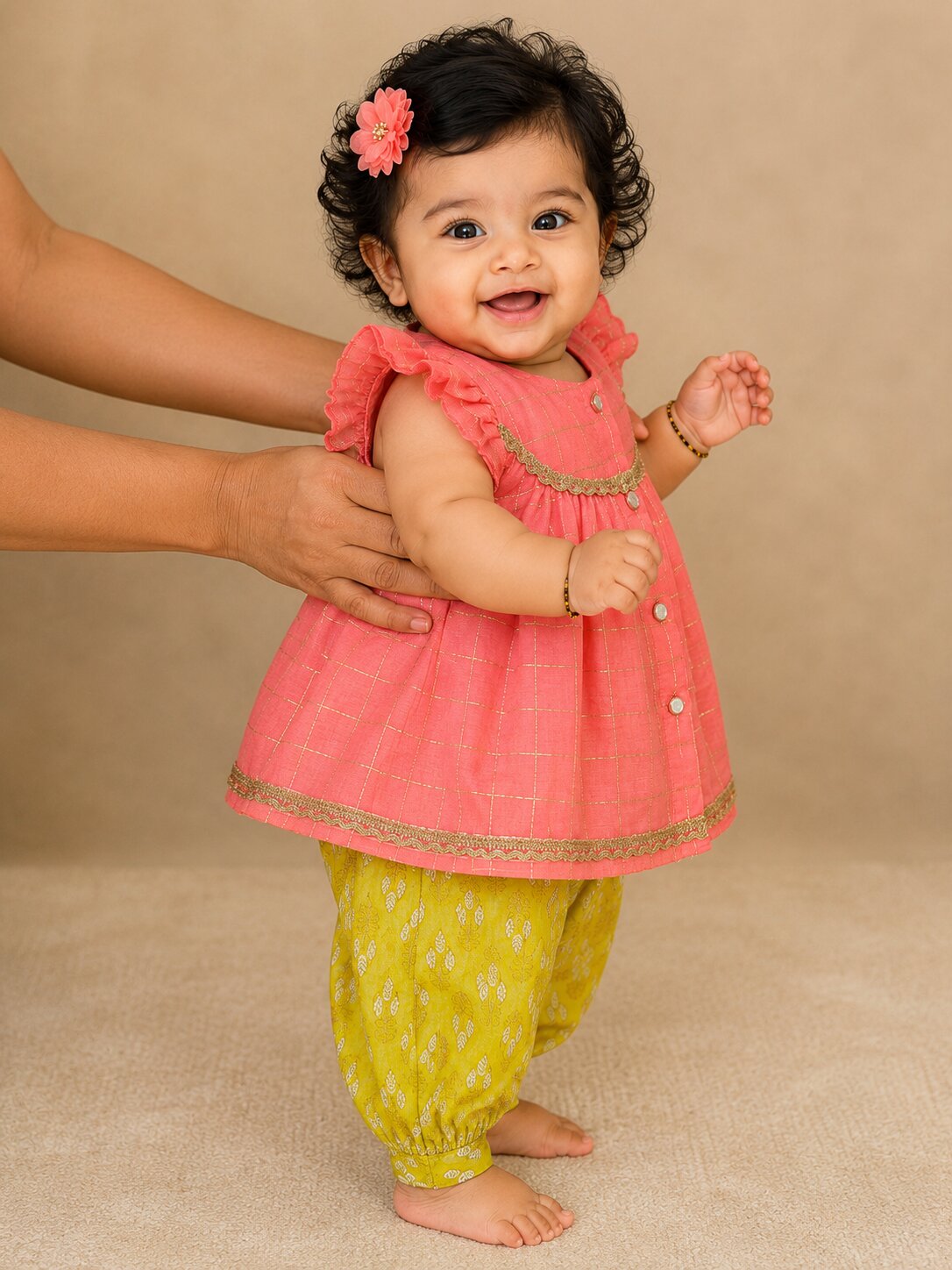 Pspeaches Baby Girl Peach Ethnic Stripe Lurex Chanderi A-Line Kurta With Pant Set
