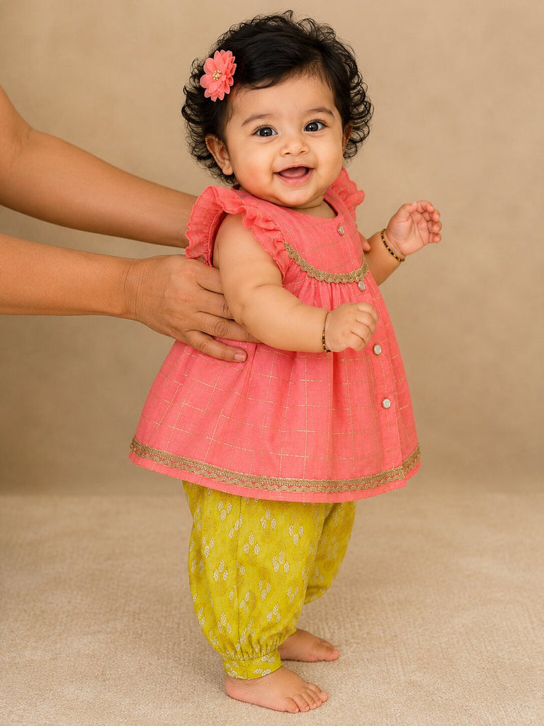 Pspeaches Baby Girl Peach Ethnic Stripe Lurex Chanderi A-Line Kurta With Pant Set