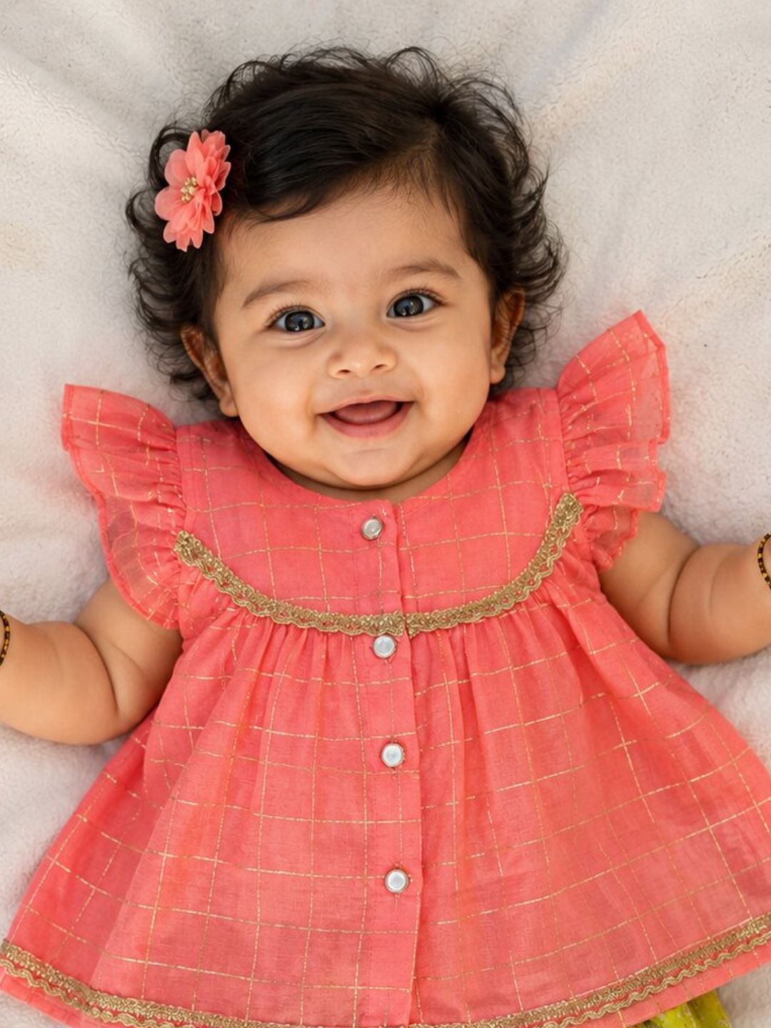 Pspeaches Baby Girl Peach Ethnic Stripe Lurex Chanderi A-Line Kurta With Pant Set