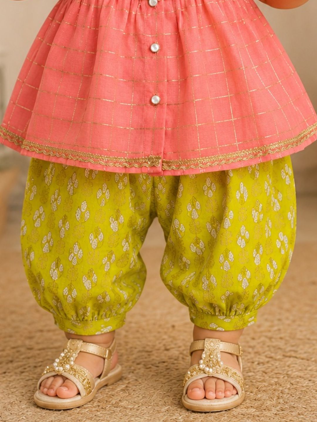 Pspeaches Baby Girl Peach Ethnic Stripe Lurex Chanderi A-Line Kurta With Pant Set