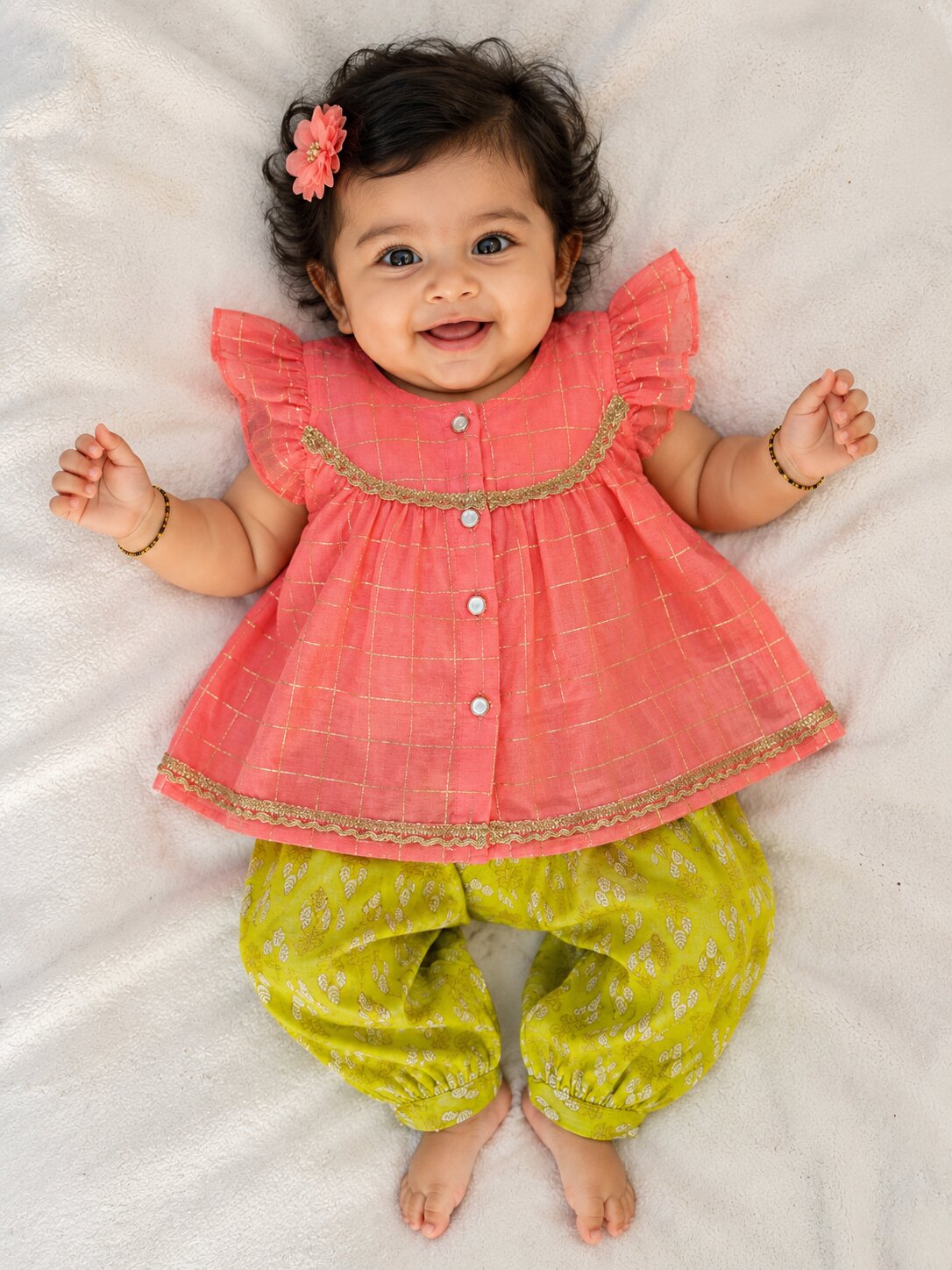Pspeaches Baby Girl Peach Ethnic Stripe Lurex Chanderi A-Line Kurta With Pant Set