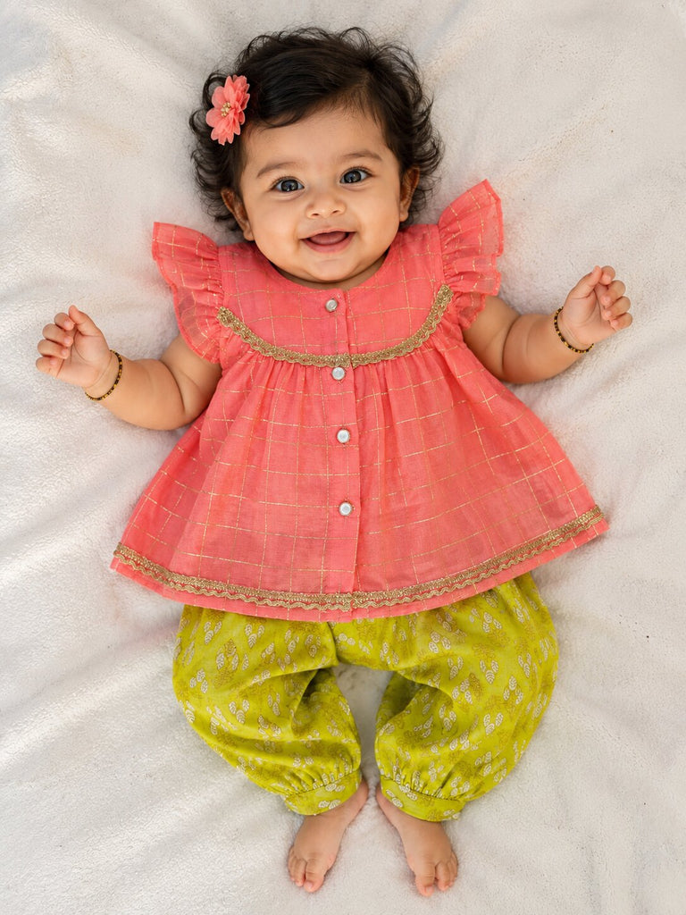 Pspeaches Baby Girl Peach Ethnic Stripe Lurex Chanderi A-Line Kurta With Pant Set