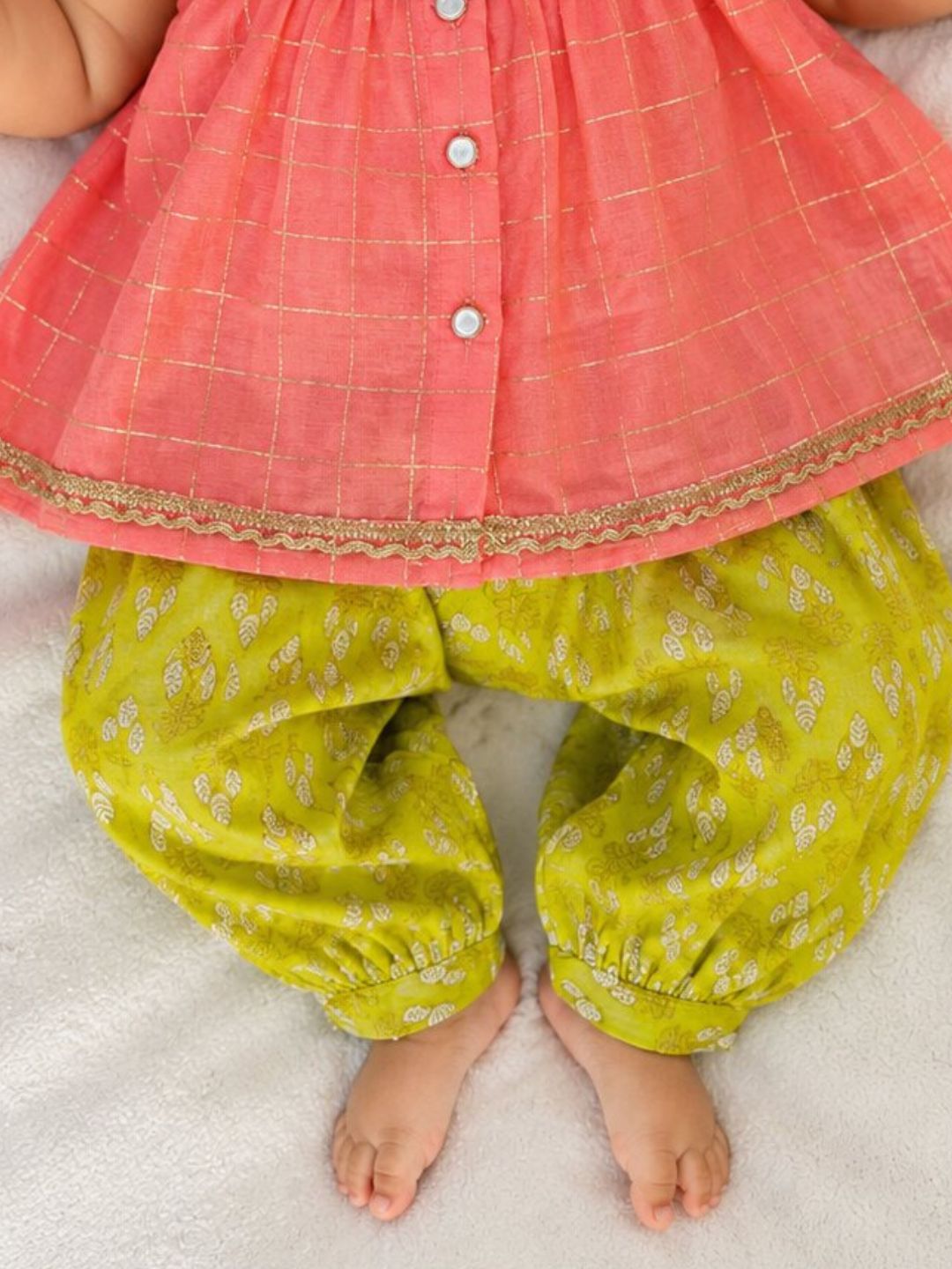 Pspeaches Baby Girl Peach Ethnic Stripe Lurex Chanderi A-Line Kurta With Pant Set