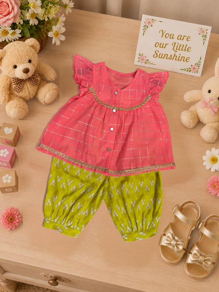 Pspeaches Baby Girl Peach Ethnic Stripe Lurex Chanderi A-Line Kurta With Pant Set
