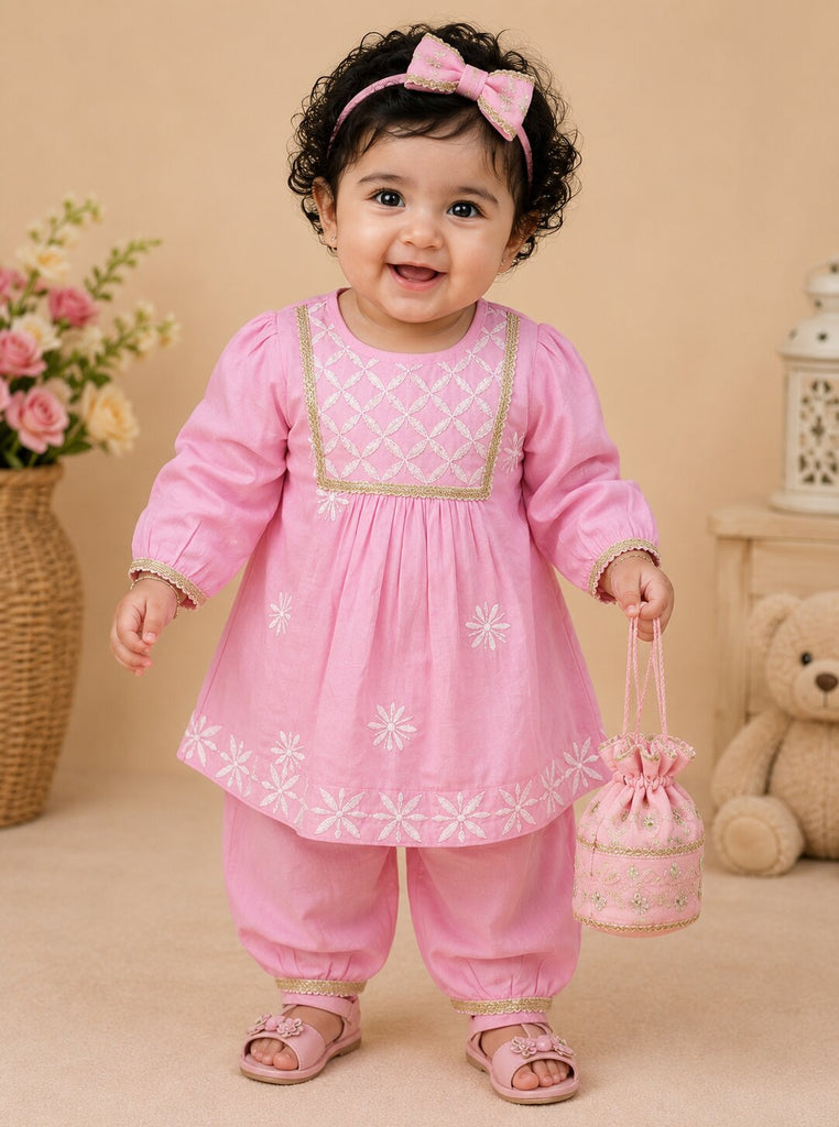 Pspeaches Baby Girl Pink Ethnic Solid Silk A-Line Kurta With Pant