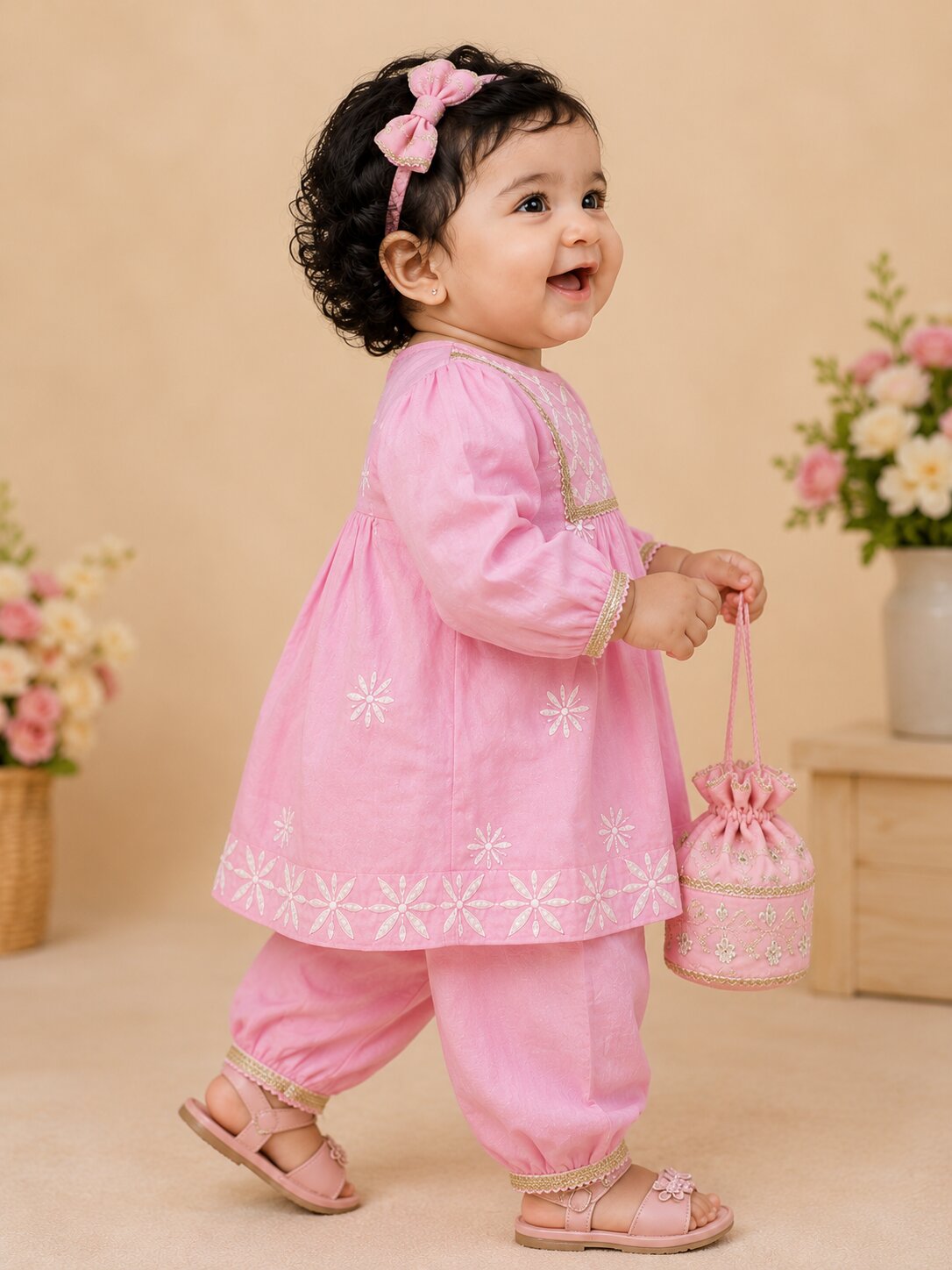 Pspeaches Baby Girl Pink Ethnic Solid Silk A-Line Kurta With Pant