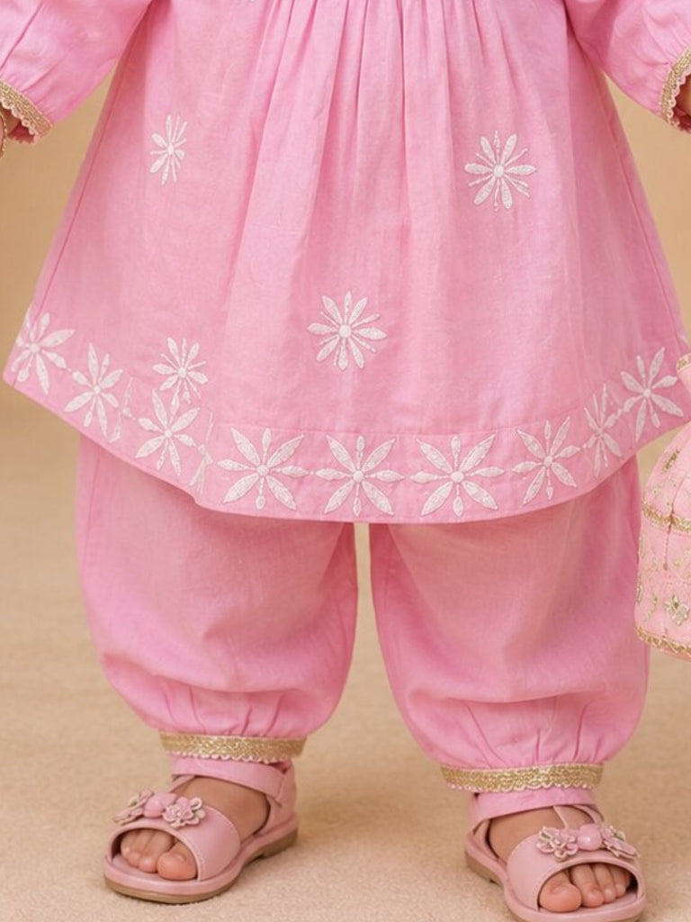 Pspeaches Baby Girl Pink Ethnic Solid Silk A-Line Kurta With Pant