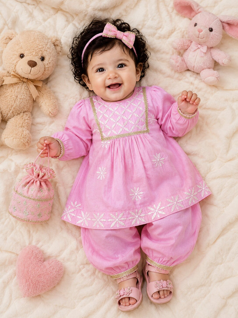 Pspeaches Baby Girl Pink Ethnic Solid Silk A-Line Kurta With Pant