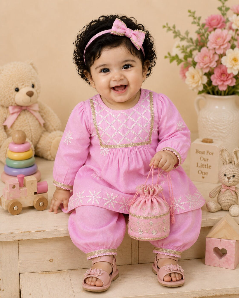 Pspeaches Baby Girl Pink Ethnic Solid Silk A-Line Kurta With Pant