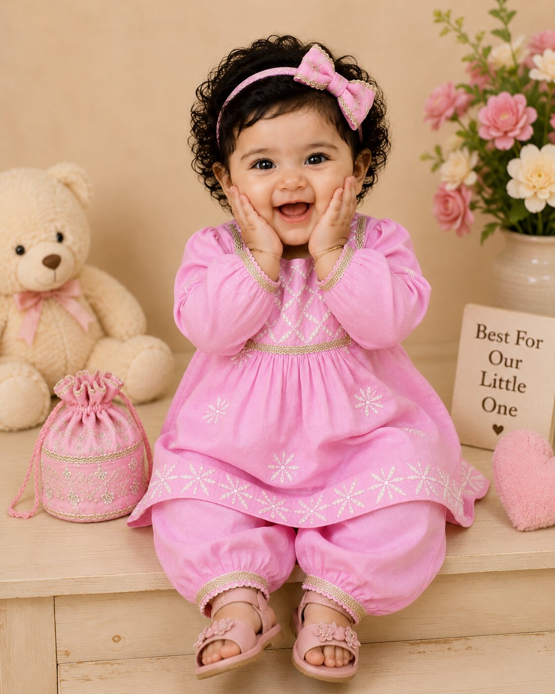Pspeaches Baby Girl Pink Ethnic Solid Silk A-Line Kurta With Pant
