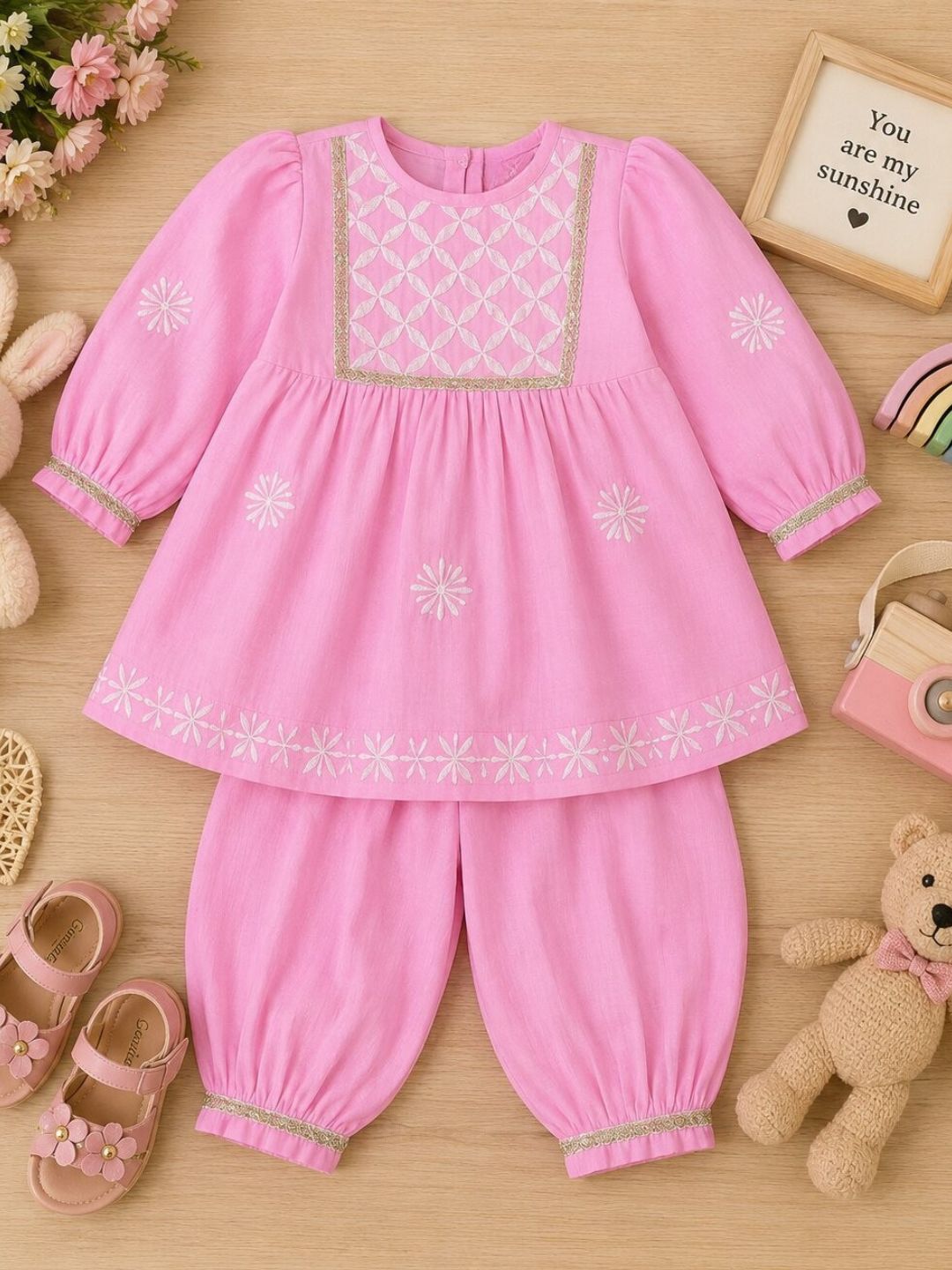 Pspeaches Baby Girl Pink Ethnic Solid Silk A-Line Kurta With Pant