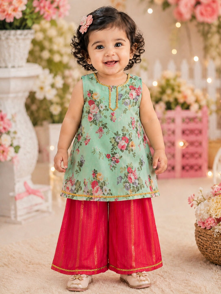 Pspeaches Baby Girl Sage Green & Red Ethnic Floral Print Georgette A-Line Kurta With Palazzo Set