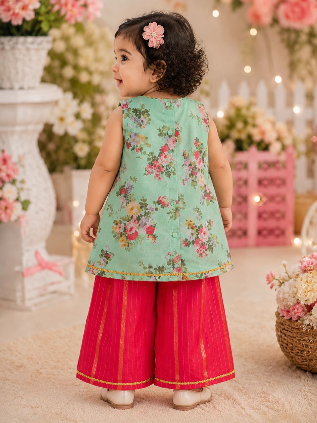 Pspeaches Baby Girl Sage Green & Red Ethnic Floral Print Georgette A-Line Kurta With Palazzo Set