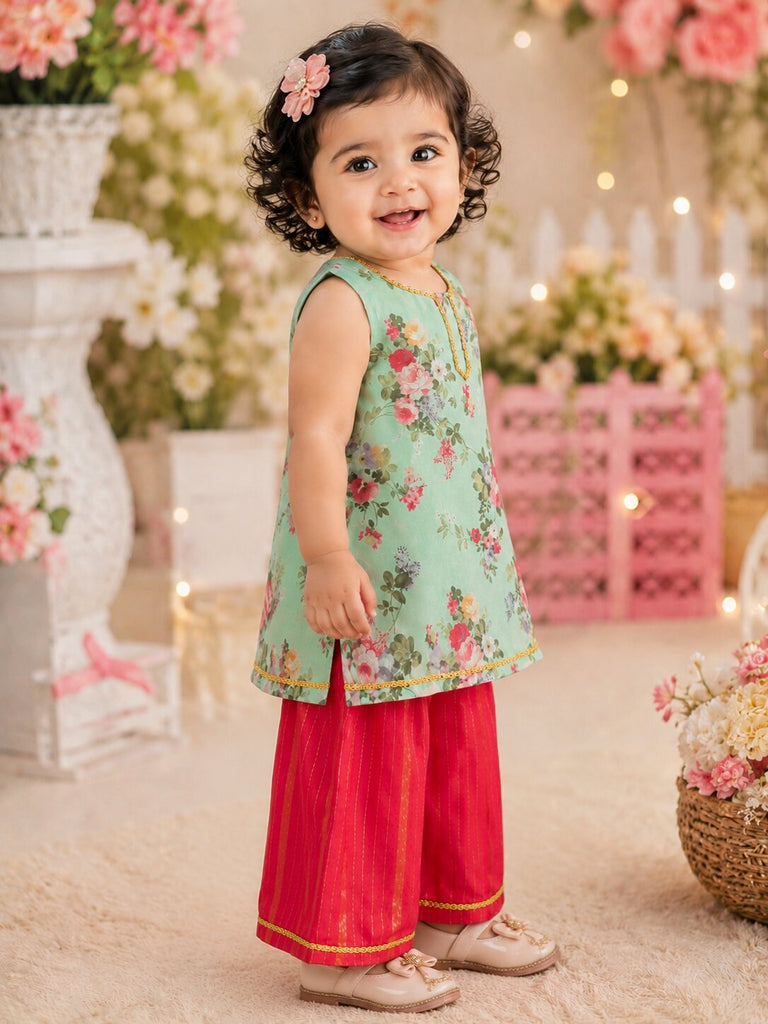 Pspeaches Baby Girl Sage Green & Red Ethnic Floral Print Georgette A-Line Kurta With Palazzo Set
