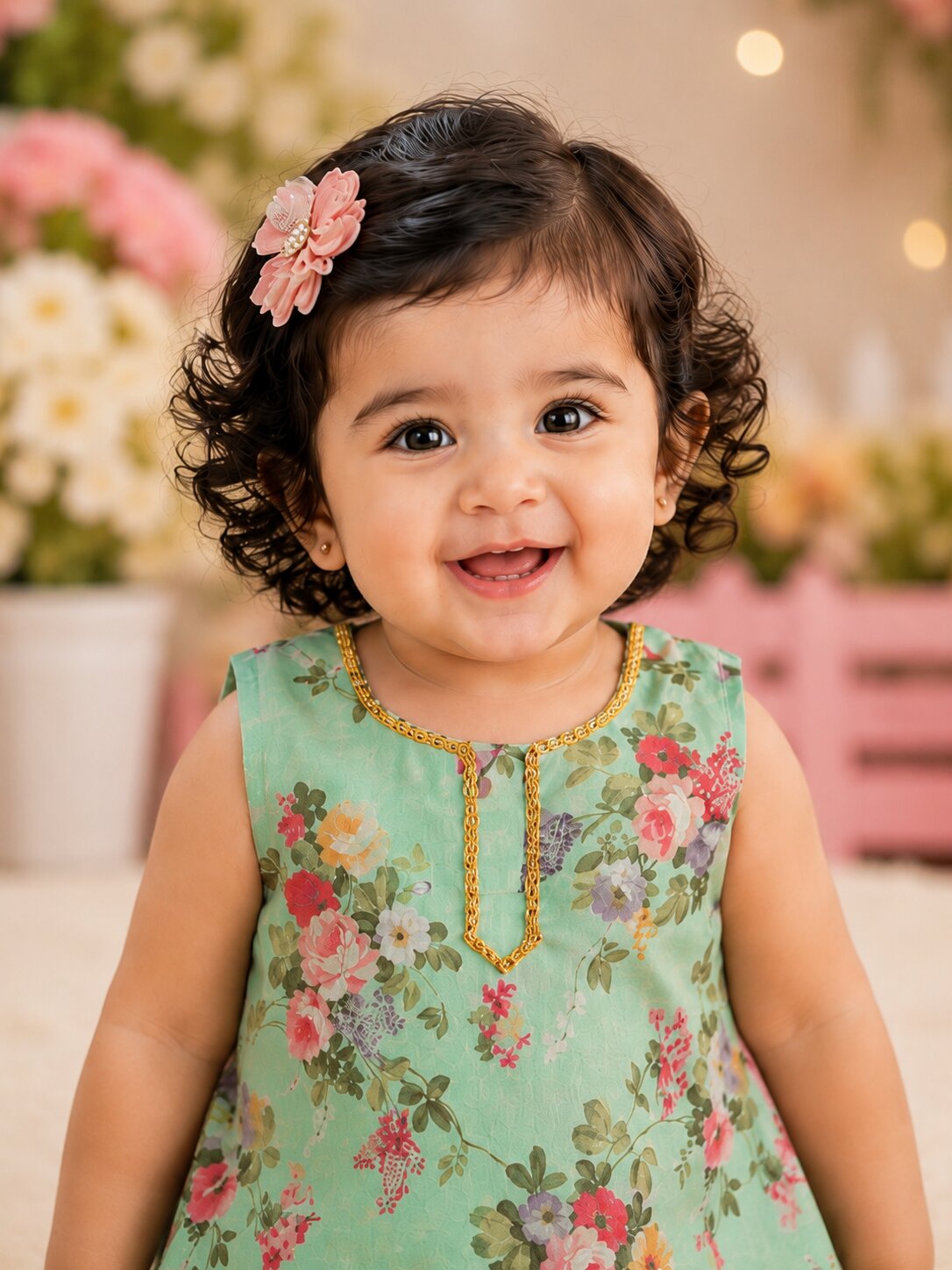 Pspeaches Baby Girl Sage Green & Red Ethnic Floral Print Georgette A-Line Kurta With Palazzo Set