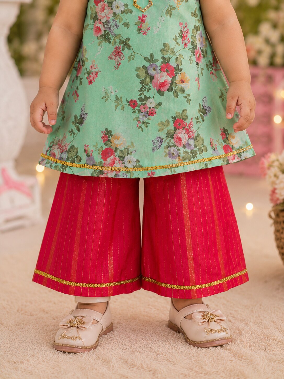 Pspeaches Baby Girl Sage Green & Red Ethnic Floral Print Georgette A-Line Kurta With Palazzo Set
