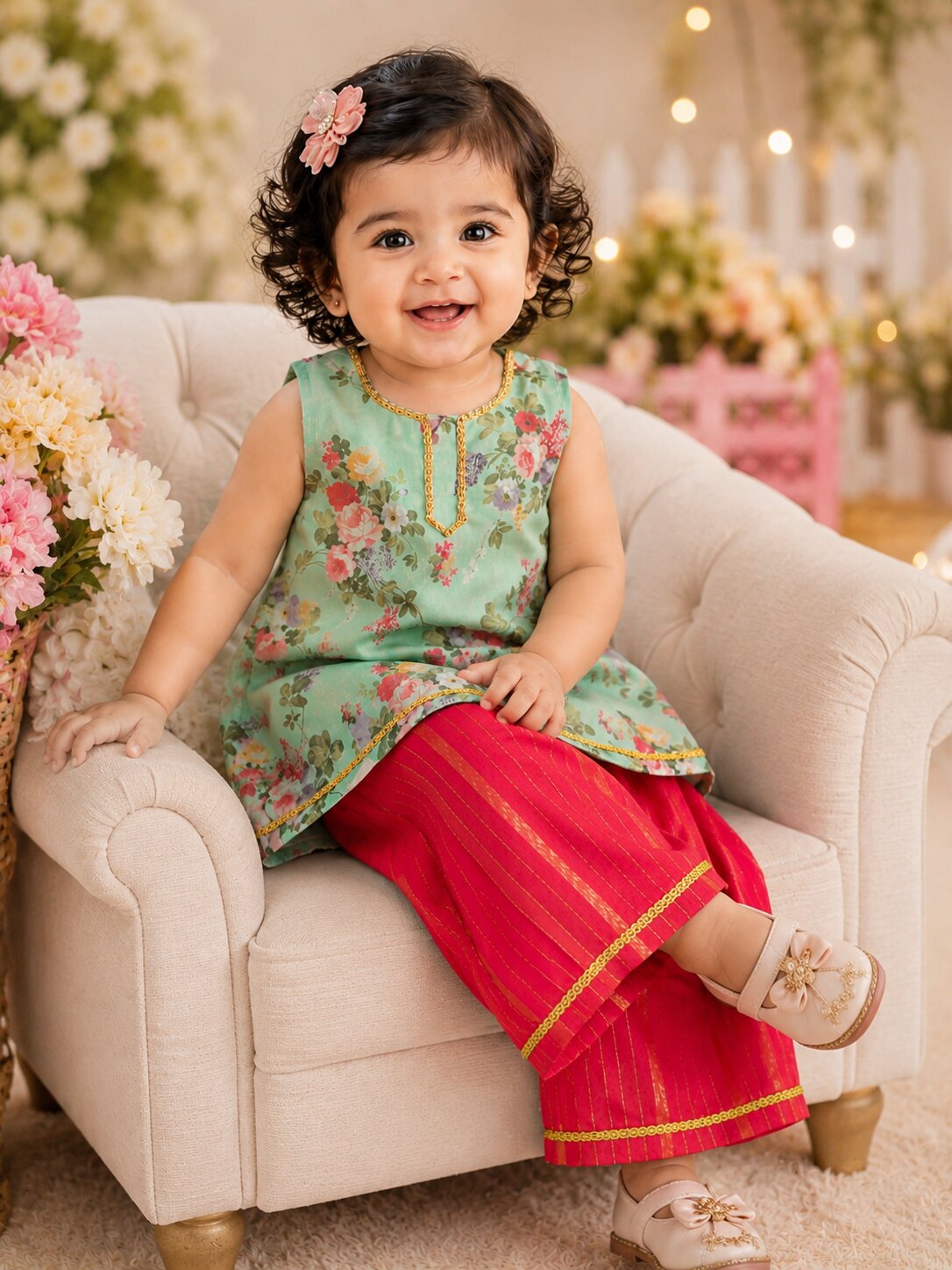 Pspeaches Baby Girl Sage Green & Red Ethnic Floral Print Georgette A-Line Kurta With Palazzo Set