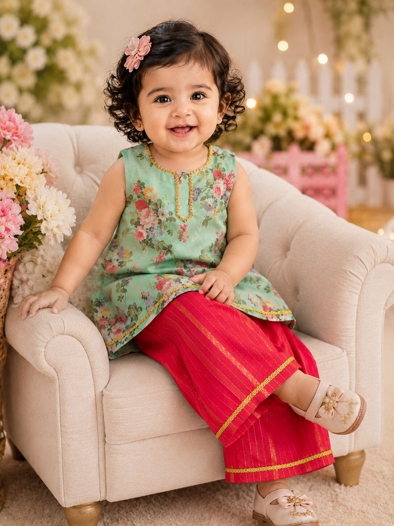 Pspeaches Baby Girl Sage Green & Red Ethnic Floral Print Georgette A-Line Kurta With Palazzo Set