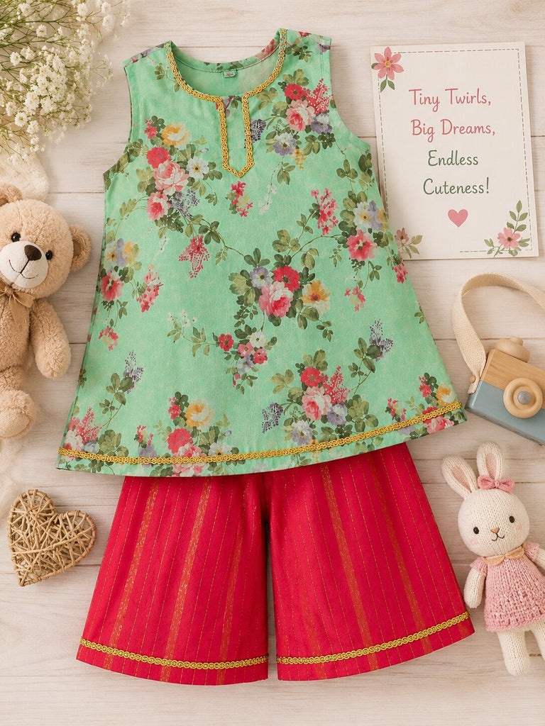Pspeaches Baby Girl Sage Green & Red Ethnic Floral Print Georgette A-Line Kurta With Palazzo Set