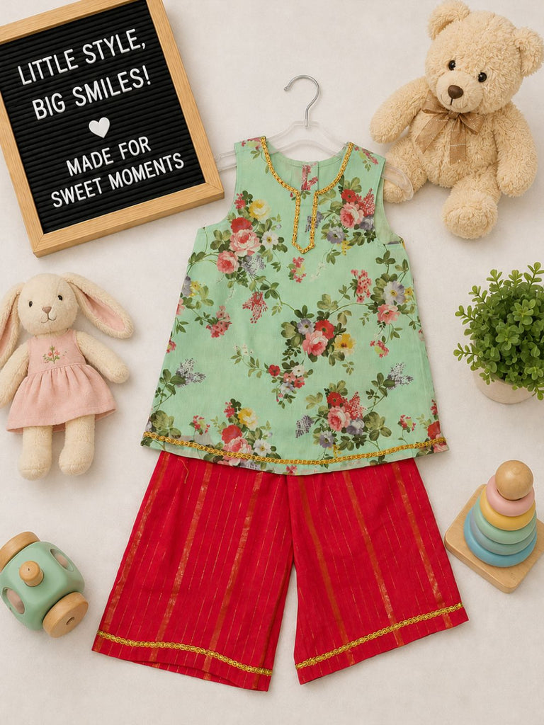 Pspeaches Baby Girl Sage Green & Red Ethnic Floral Print Georgette A-Line Kurta With Palazzo Set