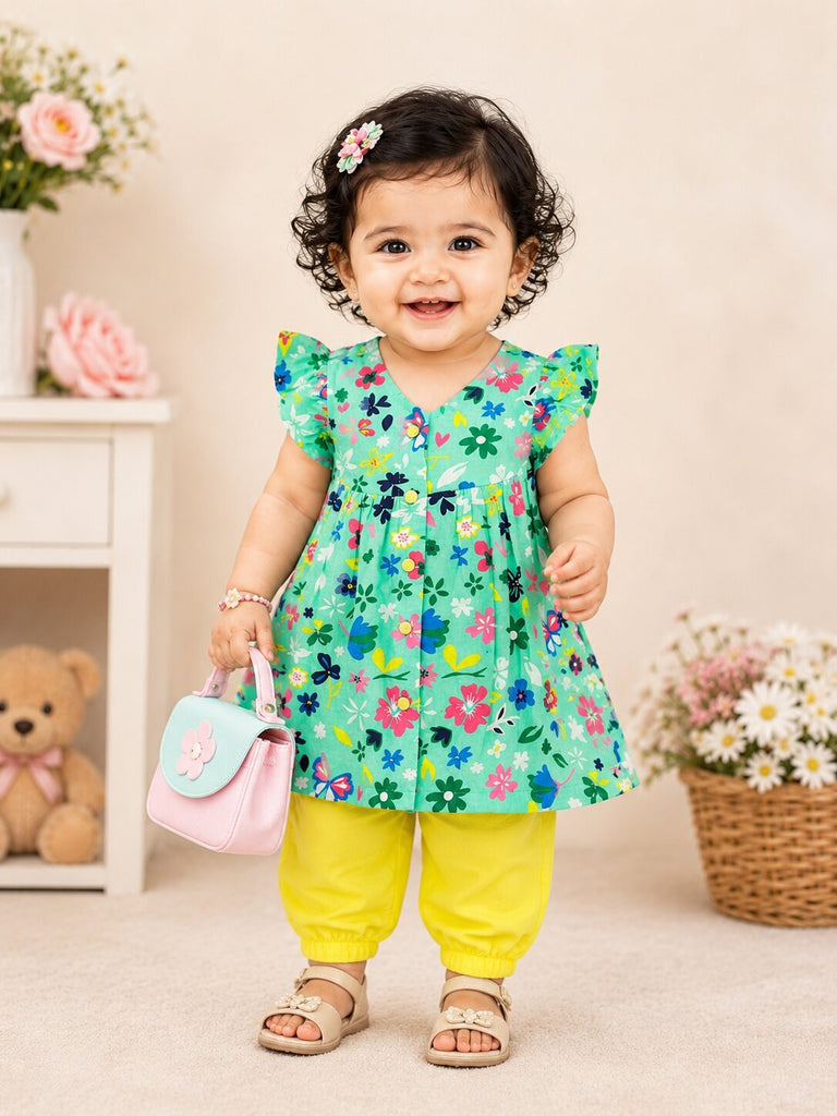 Pspeaches Baby Girls Turquoise & Yellow Ethnic Floral Printed Cotton A-Line Kurta With Pant Set