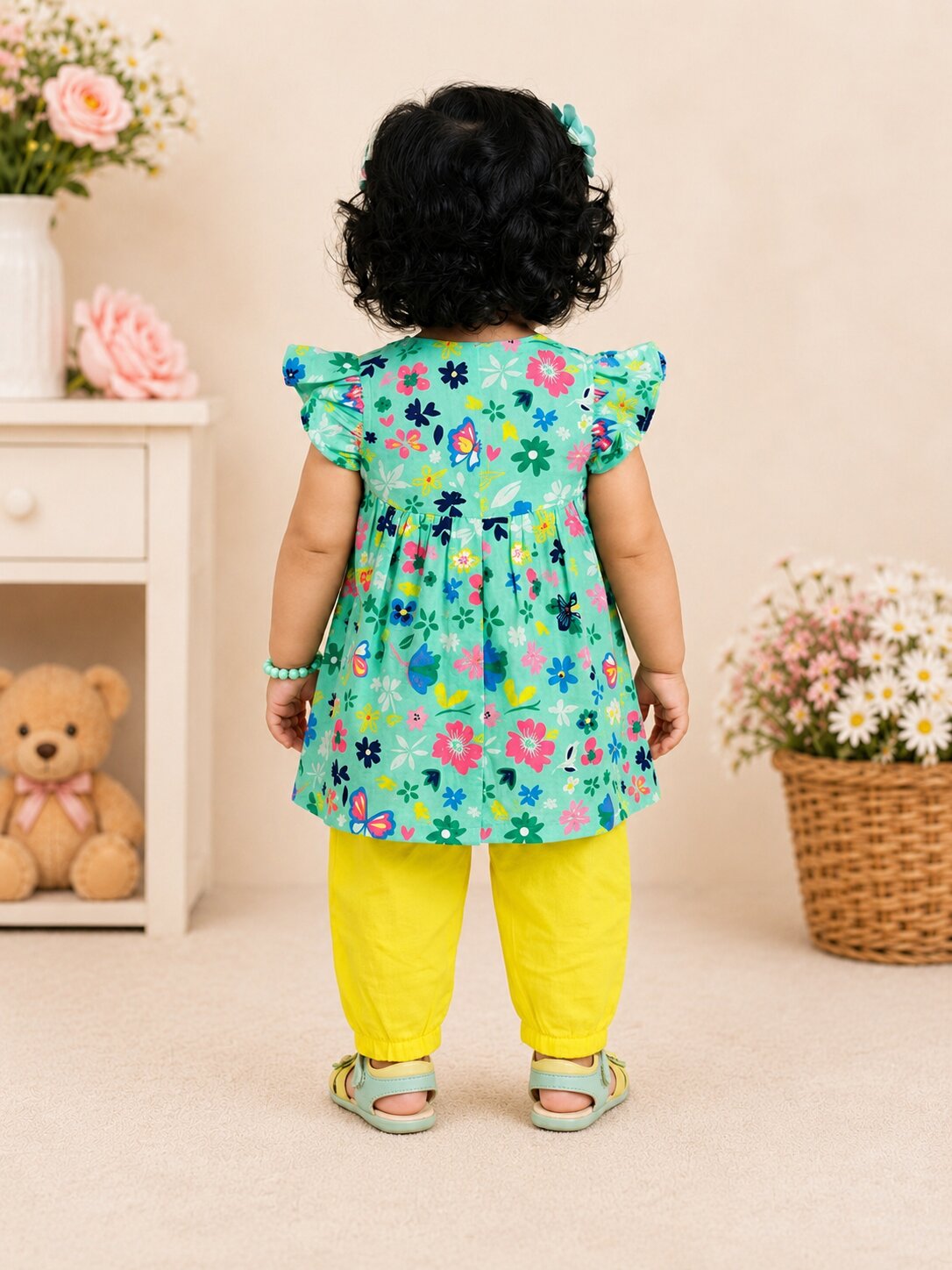 Pspeaches Baby Girls Turquoise & Yellow Ethnic Floral Printed Cotton A-Line Kurta With Pant Set
