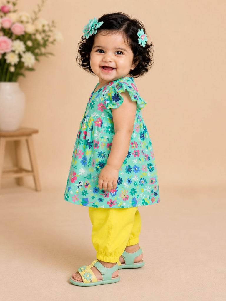 Pspeaches Baby Girls Turquoise & Yellow Ethnic Floral Printed Cotton A-Line Kurta With Pant Set