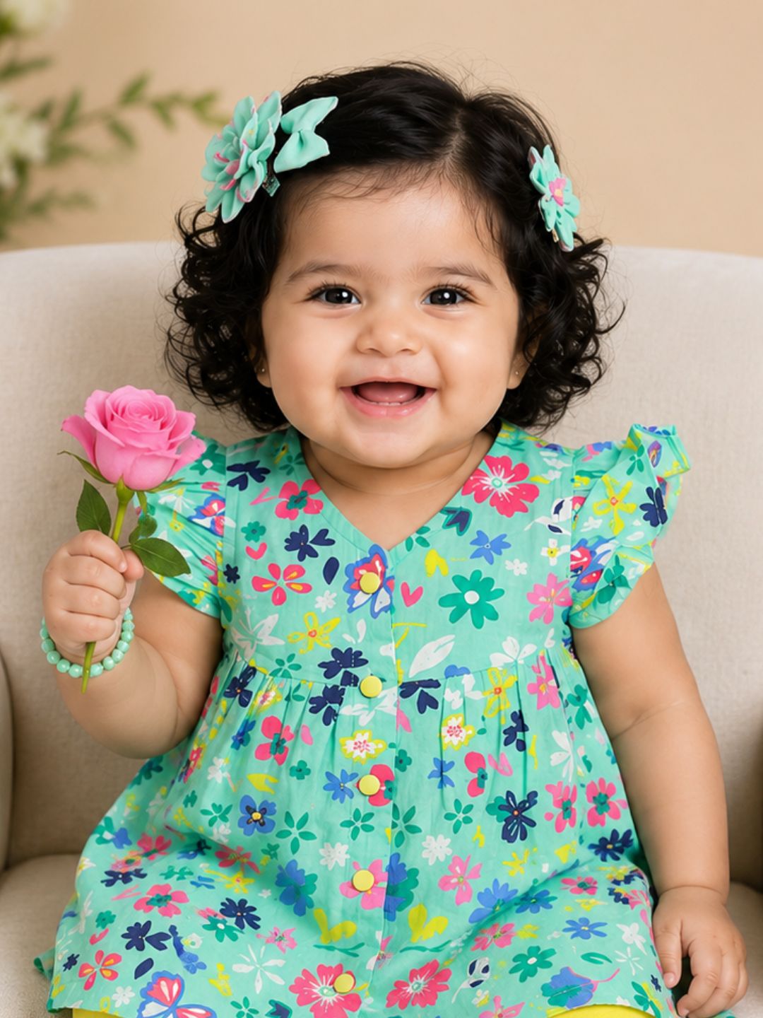 Pspeaches Baby Girls Turquoise & Yellow Ethnic Floral Printed Cotton A-Line Kurta With Pant Set