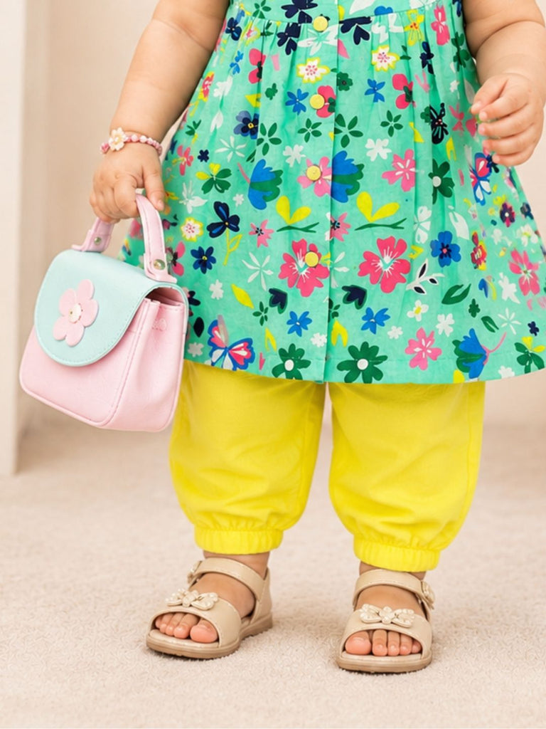 Pspeaches Baby Girls Turquoise & Yellow Ethnic Floral Printed Cotton A-Line Kurta With Pant Set