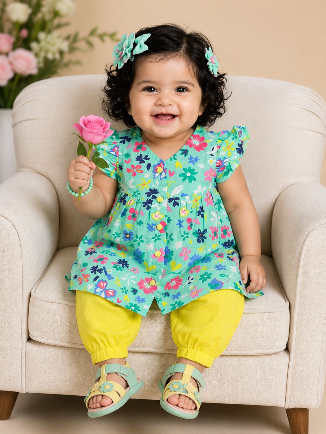 Pspeaches Baby Girls Turquoise & Yellow Ethnic Floral Printed Cotton A-Line Kurta With Pant Set