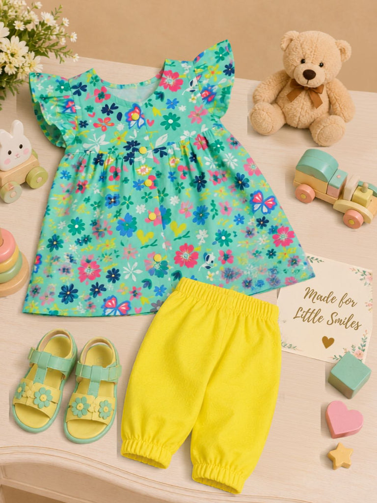 Pspeaches Baby Girls Turquoise & Yellow Ethnic Floral Printed Cotton A-Line Kurta With Pant Set