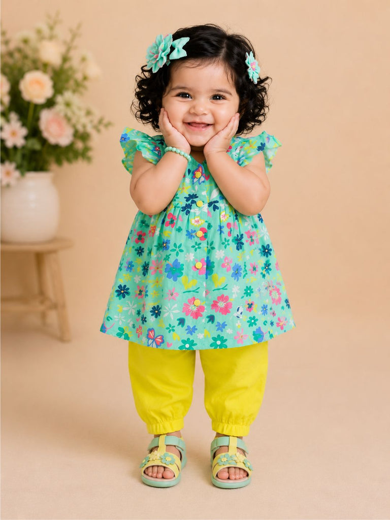 Pspeaches Baby Girls Turquoise & Yellow Ethnic Floral Printed Cotton A-Line Kurta With Pant Set