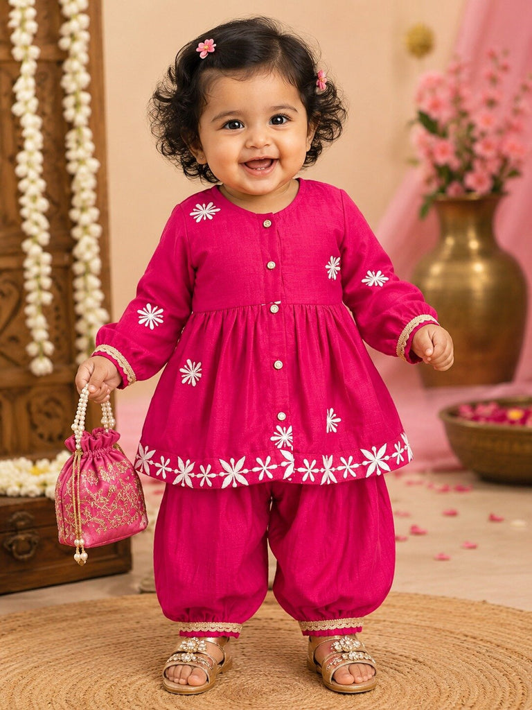 Pspeaches Baby Girl Magenta Ethnic Solid Silk Asymmetric Kurta With Pant