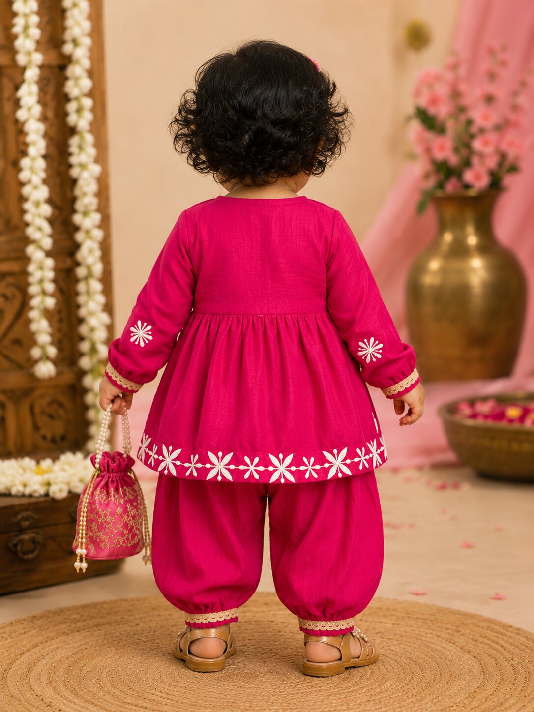 Pspeaches Baby Girl Magenta Ethnic Solid Silk Asymmetric Kurta With Pant