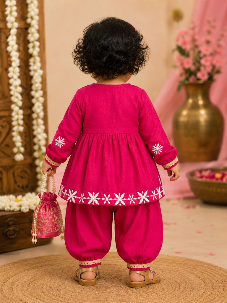 Pspeaches Baby Girl Magenta Ethnic Solid Silk Asymmetric Kurta With Pant