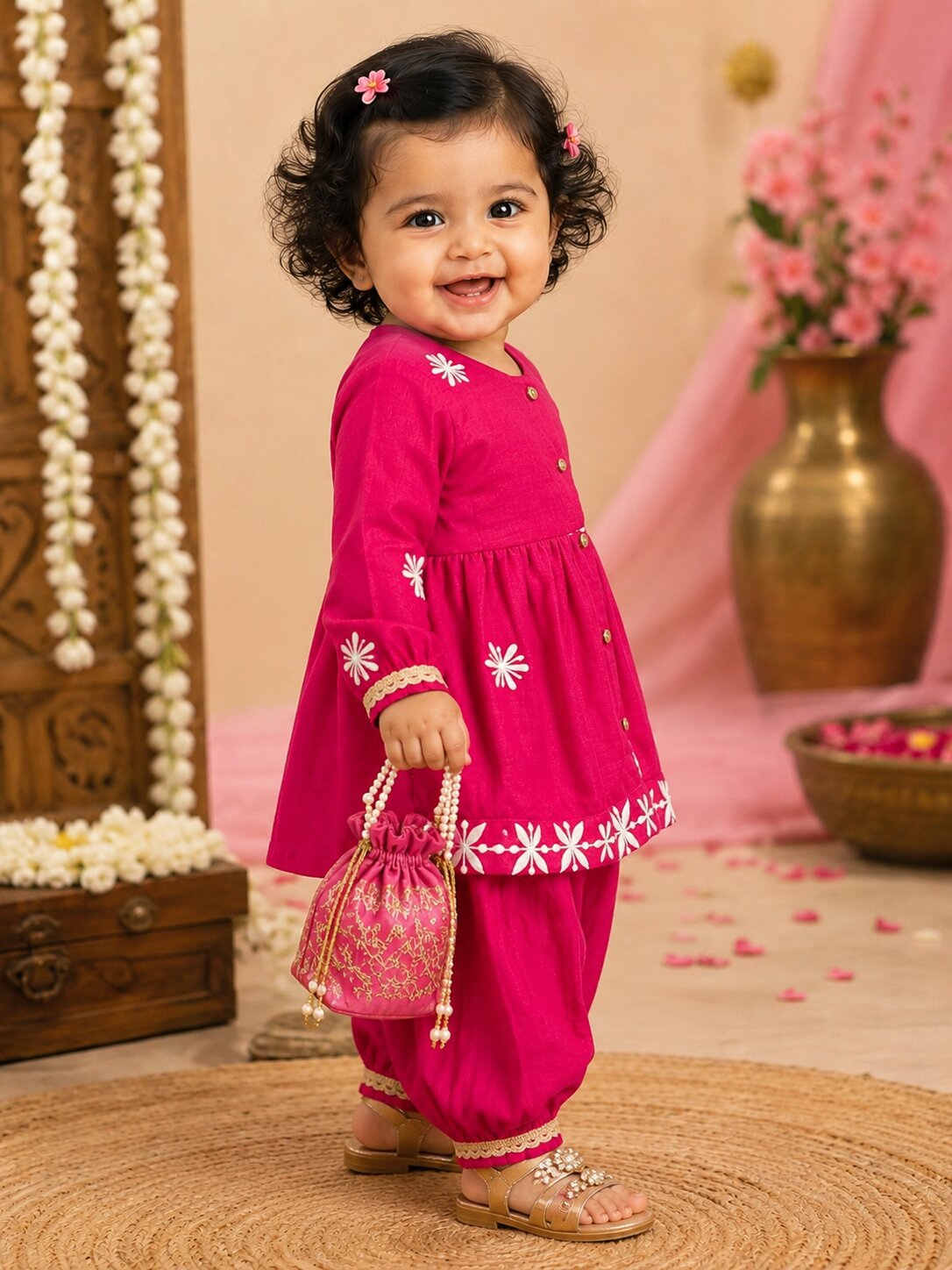 Pspeaches Baby Girl Magenta Ethnic Solid Silk Asymmetric Kurta With Pant