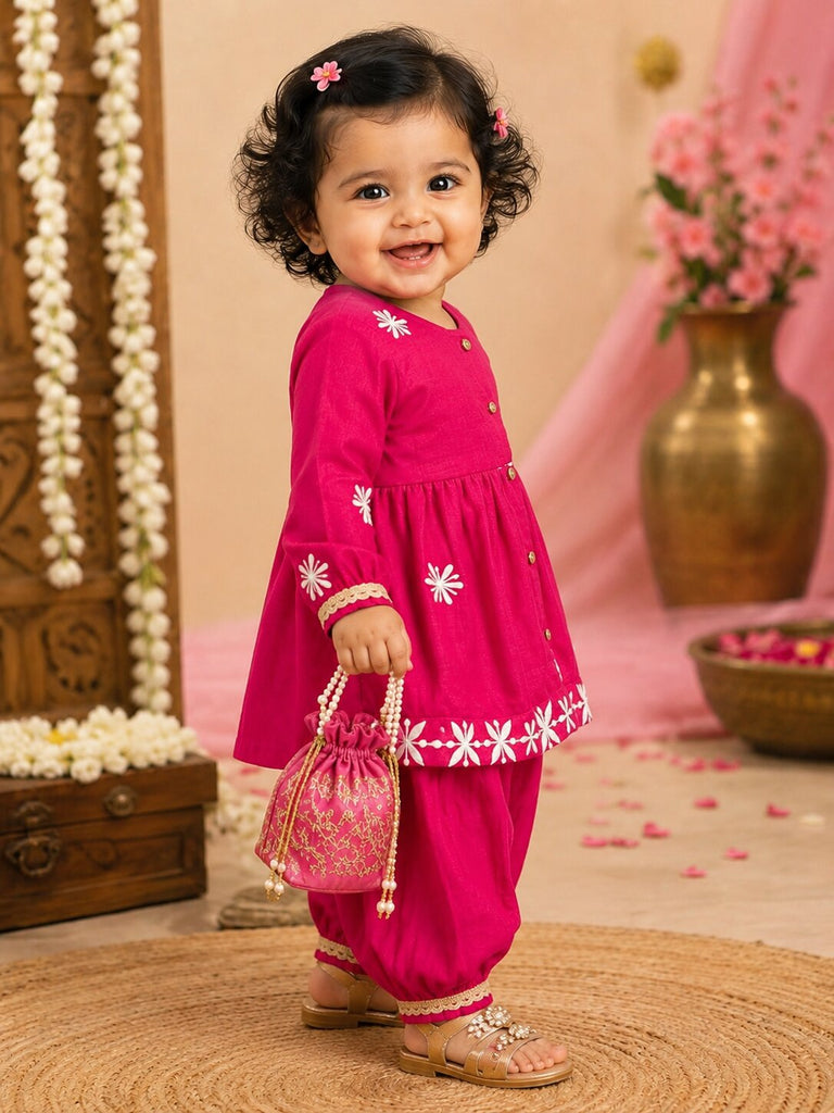 Pspeaches Baby Girl Magenta Ethnic Solid Silk Asymmetric Kurta With Pant