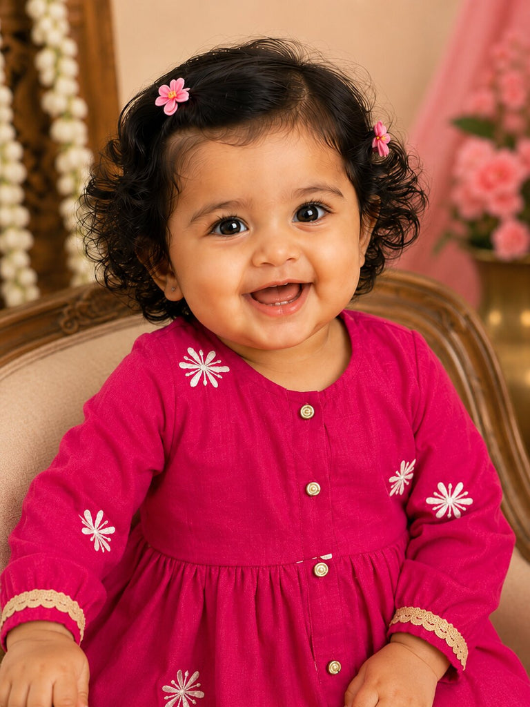 Pspeaches Baby Girl Magenta Ethnic Solid Silk Asymmetric Kurta With Pant