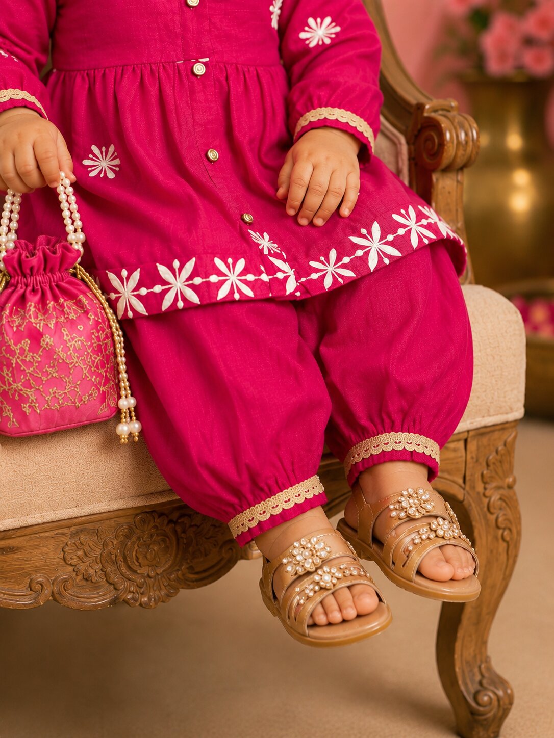 Pspeaches Baby Girl Magenta Ethnic Solid Silk Asymmetric Kurta With Pant