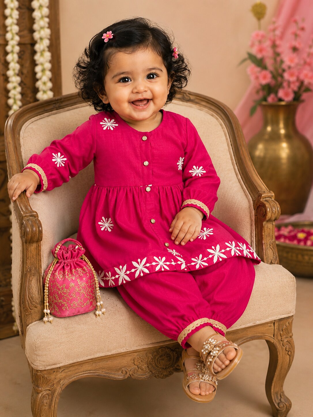 Pspeaches Baby Girl Magenta Ethnic Solid Silk Asymmetric Kurta With Pant