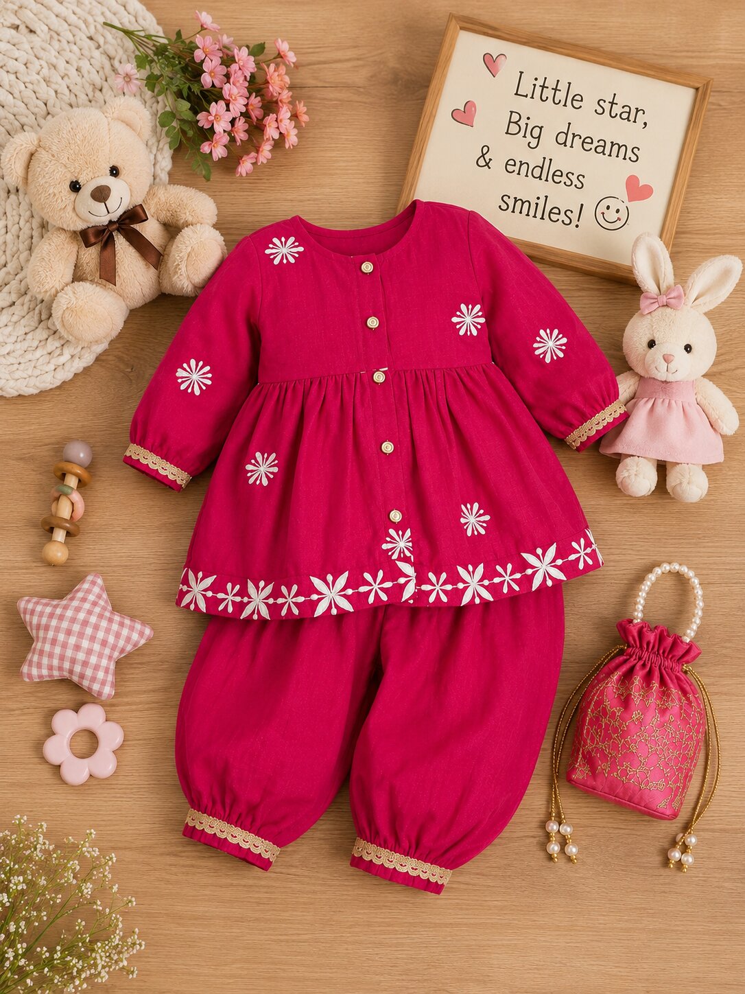 Pspeaches Baby Girl Magenta Ethnic Solid Silk Asymmetric Kurta With Pant