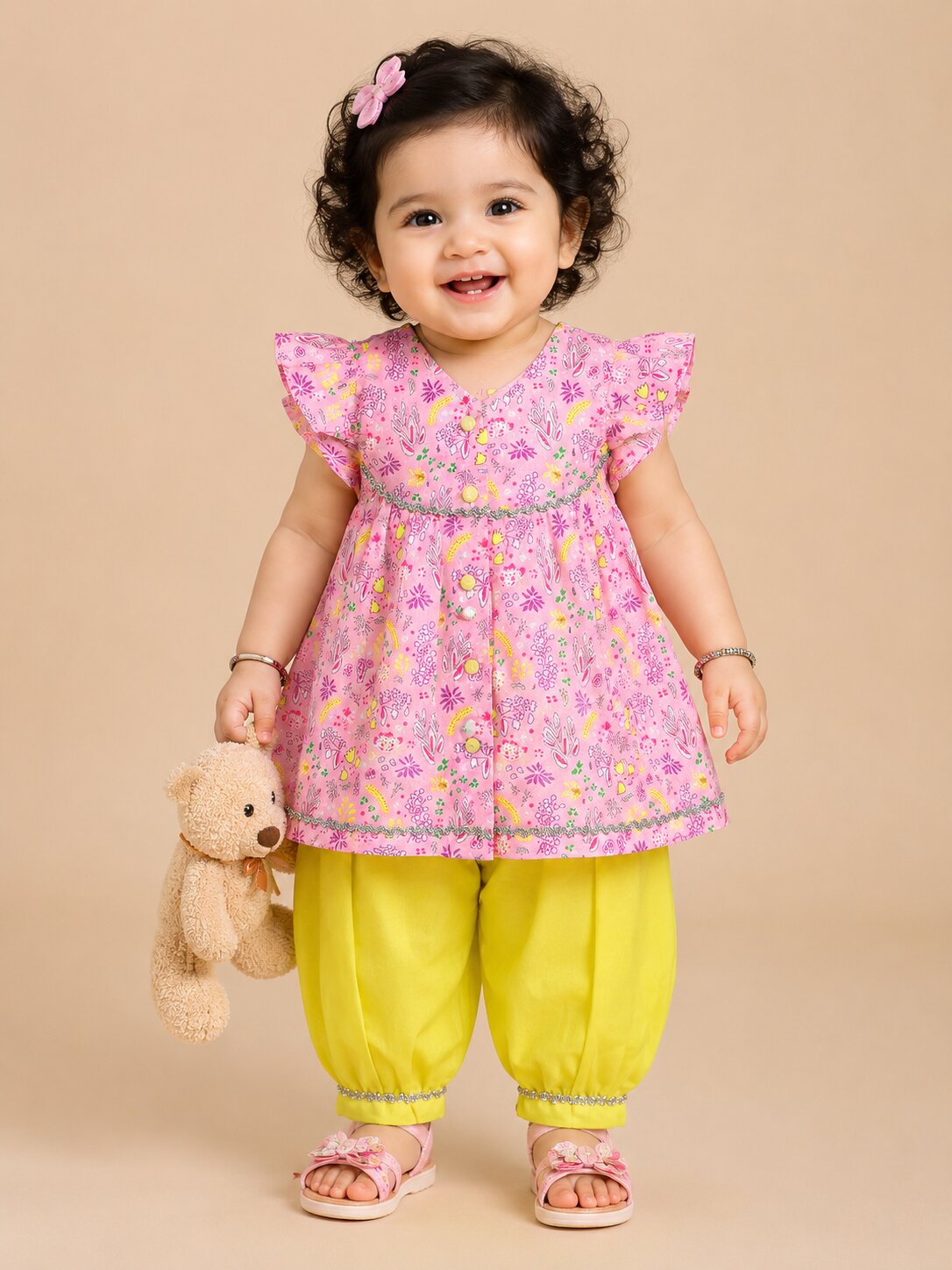 Pspeaches Baby Girl Pink & Yellow Ethnic Floral Print Cotton A-Line Kurta With Pant