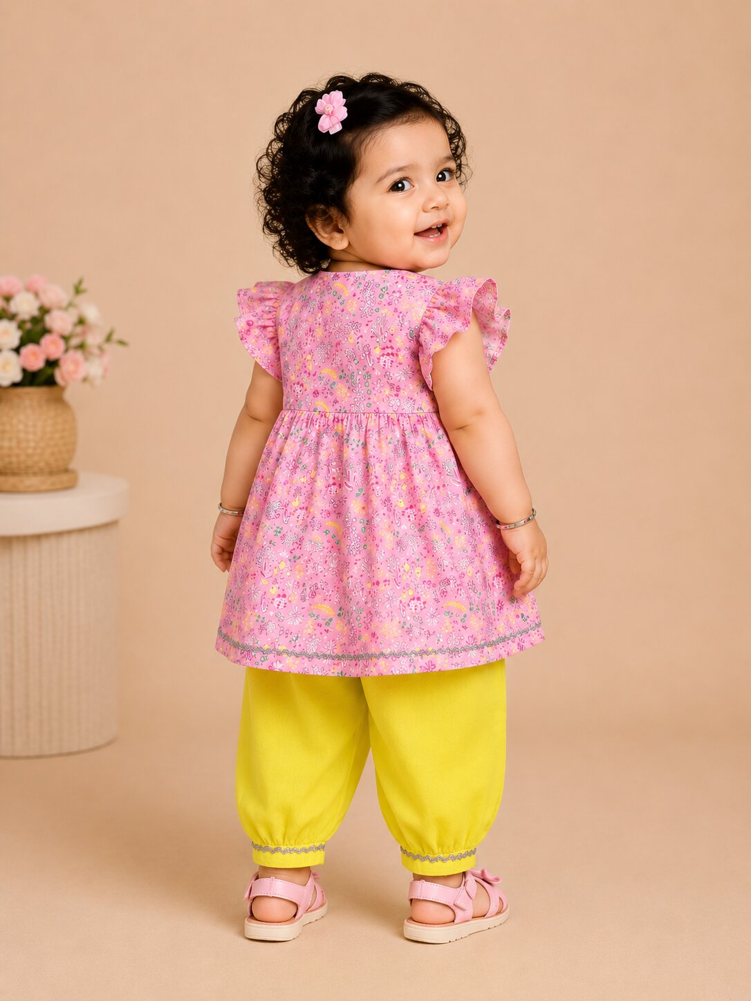 Pspeaches Baby Girl Pink & Yellow Ethnic Floral Print Cotton A-Line Kurta With Pant