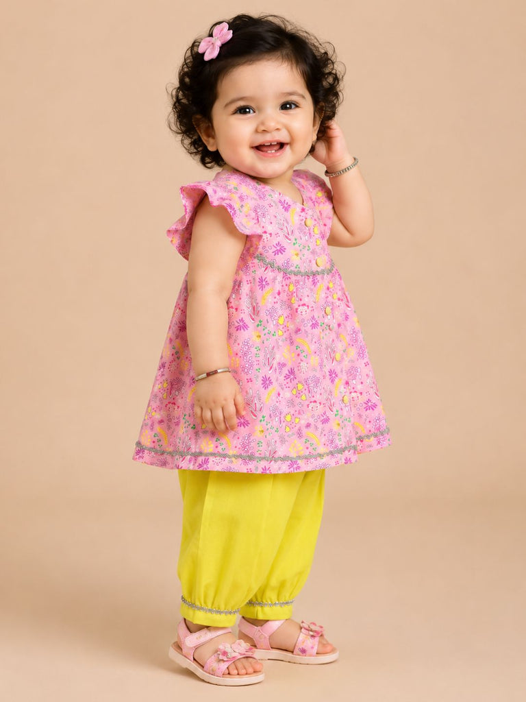Pspeaches Baby Girl Pink & Yellow Ethnic Floral Print Cotton A-Line Kurta With Pant