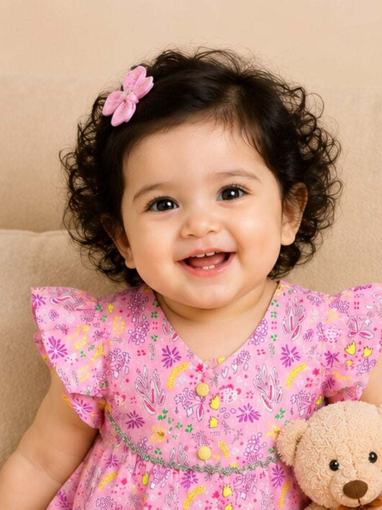 Pspeaches Baby Girl Pink & Yellow Ethnic Floral Print Cotton A-Line Kurta With Pant