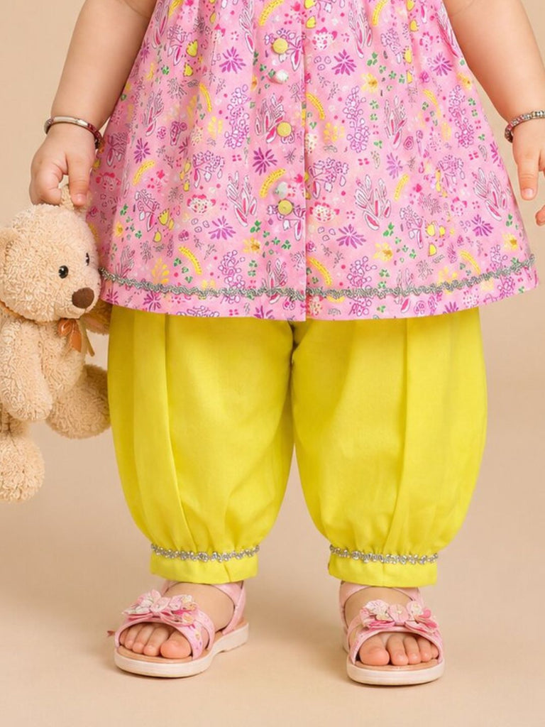 Pspeaches Baby Girl Pink & Yellow Ethnic Floral Print Cotton A-Line Kurta With Pant