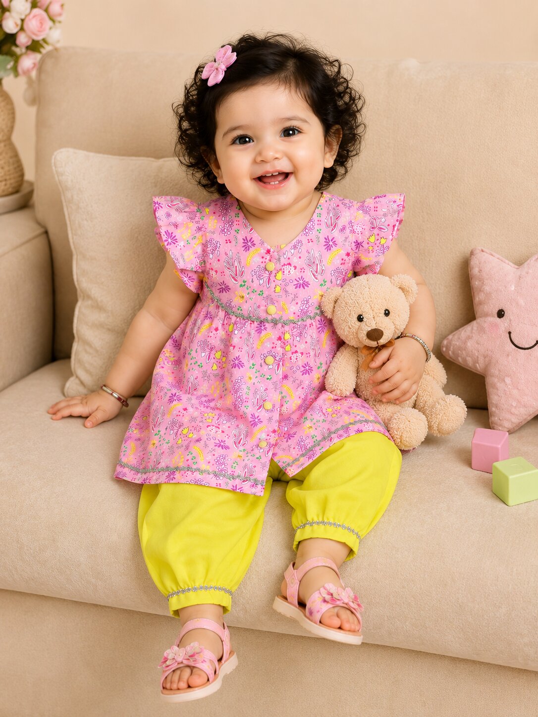 Pspeaches Baby Girl Pink & Yellow Ethnic Floral Print Cotton A-Line Kurta With Pant